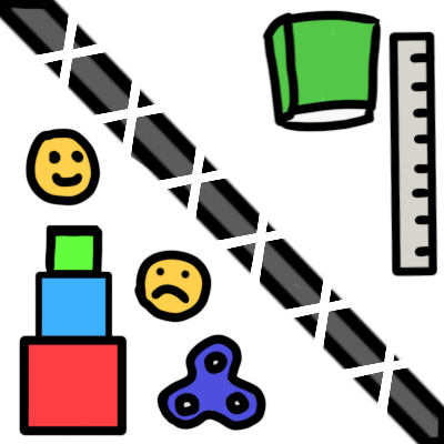 on the left side is are a happy and sad face, representing behaviour management, a pile of blocks, representing simplistic lessons, and a fidget spinner, represent supports. on the right side is a book, representing curriculum, and a ruler, representing standardised assessments and expectations. there is a big grey fence between the two sides, with silver 'x's lke barbed wire on top.